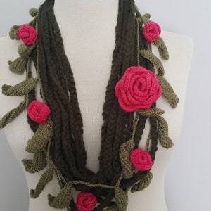Hot Pink Flowers Green Leaves Crochet Scarf Gift Scarf Personalized Gift ideas for Her Girlfriend gift for her Mom Gift Mothers Day Gift image 5