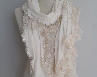 Unique Lace Off White Scarf Shawl Valentines Day Gift Women Gift for Her Girlfriend gift Birthday Bridesmaid Gift Valentine Accessories