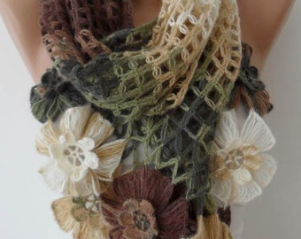 Handknit Multicolor Wool Crochet Scarf - Floral Winter Scarf