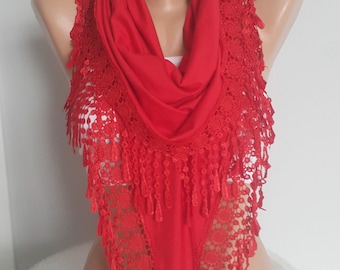Handmade Red Cotton Lace Scarf: Triangular Shawl