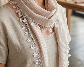 Beige and White Striped Linen Scarf, Flower Lace Trim, Boho Wrap