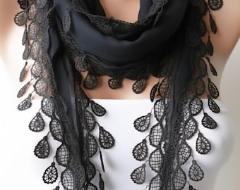 Black Cotton Lace Scarf, Gifts for Her, Unique Christmas Gifts, Best Gift Ideas