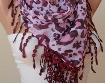 Handmade Silk Chiffon Leopard Scarf, Burgundy Lace Trim