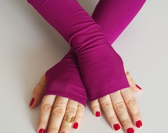 Fuchsia Fingerless Gloves, Handmade Arm Warmers