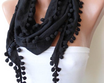 Black Cotton Scarf with Pompom Trim