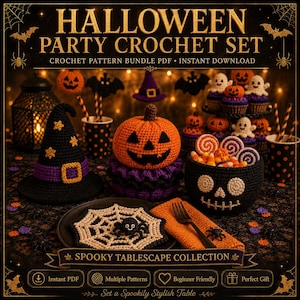 Könnte beinhalten: Ein Halloween-Party-Häkelset mit einem schwarzen Hexenhut mit gelben Sternen, einem orangefarbenen Kürbis, einer schwarzen Totenkopfschale mit Süßigkeiten und einem Spinnennetz-Untersetzer. Der Text lautet HALLOWEEN PARTY CROCHET SET und SPOOKY TABLESCAPE COLLECTION.