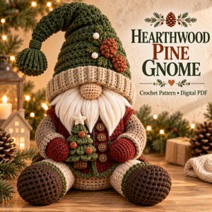 May include: A crocheted gnome doll wearing a dark green hat with pinecone accents, a beige brim, and a cream-colored beard. The gnome wears a red vest with four brown buttons and holds a small green Christmas tree. Text reads: HEARTHWOOD PINE GNOME Crochet Pattern • Digital PDF.