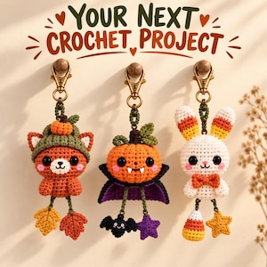Paquete de patrones de llaveros de ganchillo de Halloween en PDF, amigurumi de calabaza, vampiro, zorro y conejo, y lindos patrones digitales para colgantes de bolsos espeluznantes.