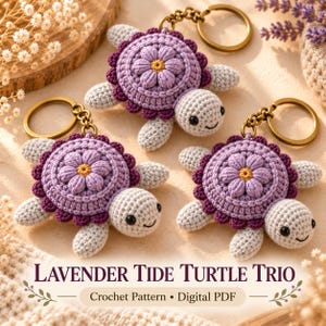 Crochet Turtle Keychain Pattern, Lavender Flower Turtle PDF, Mini Amigurumi Bag Charm, Sea Animal Crochet Pattern, Digital Download