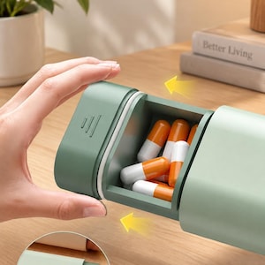 May include: A sage green rectangular pill organizer with a sliding compartment containing several orange and white capsules. The exterior features a small embossed icon of three horizontal lines. The unit is shown in an open position.