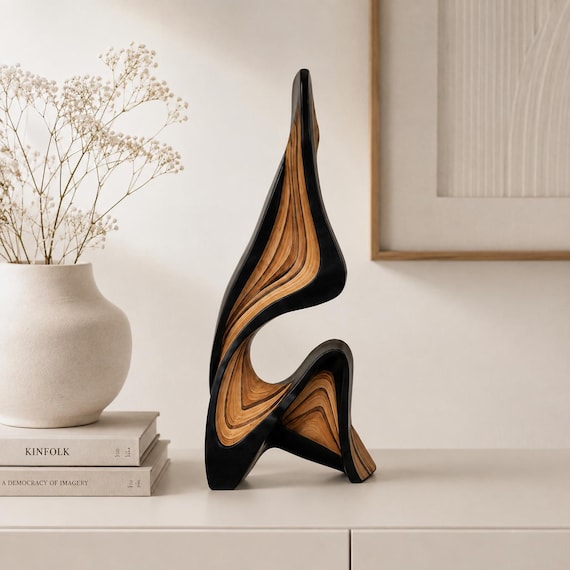 Wooden Wave Sculpture, Abstract Wood Art, Modern Home Decor, Minimalist Statue, Desk Ornament, Shelf Accent, Contemporary Centerpiece