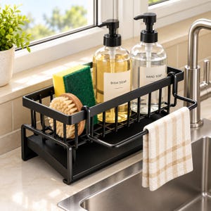 May include: A matte black metal sink caddy featuring a rectangular frame with a built-in towel bar. It holds two clear pump bottles labelled Dish Soap and Hand Soap, a yellow and green sponge, a round wooden scrub brush, and a beige plaid cloth.