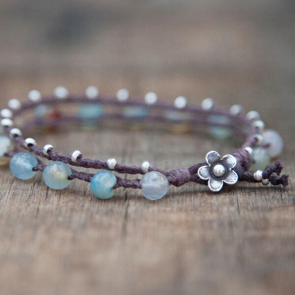 Agate and Silver Waxed Linen Beaded Bracelet Finished with a Leather and Thai Silver Flower Clasp