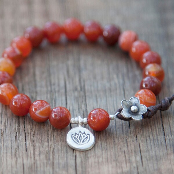 Lotus Charm Bracelet - Red Agate Yoga Bracelet with a Thai Silver Lotus Charm Finished with a Leather and Thai Silver Flower Closure