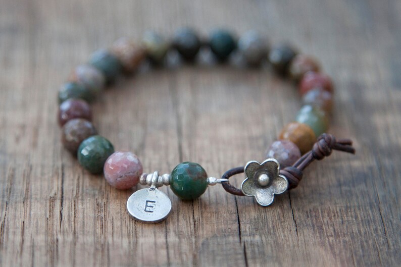 Personalized Initial Charm Yoga Bracelet With Faceted Jasper Etsy