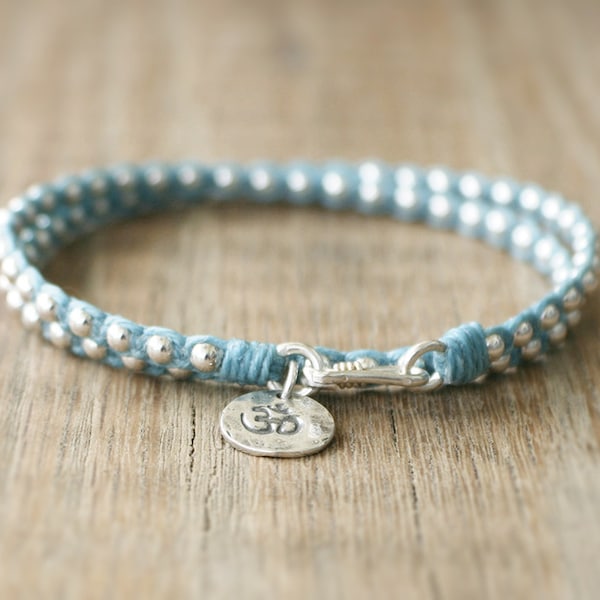 Yoga Beaded Bracelet - Irish Waxed Linen Wrap Bracelet with Sterling Silver Beads and Sterling Om Charm