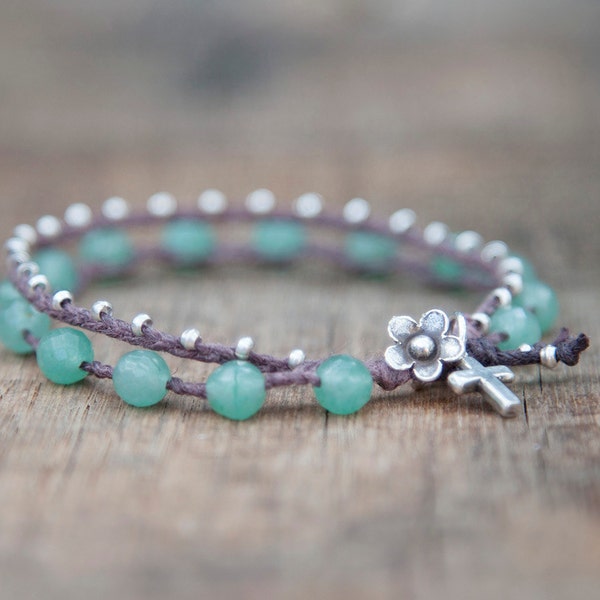 Aventurine and Silver Beaded Waxed Linen Bracelet with Cross Charm - Finished with a Leather and Thai Silver Flower Clasp