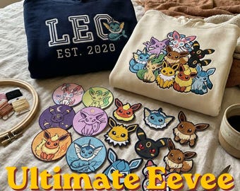 Pacchetto ricamo definitivo di Eevee, alfabeto delle evoluzioni di Eevee + 9 evoluzioni + distintivi + faccine kawaii + design della famiglia, ricamo a macchina PES DST