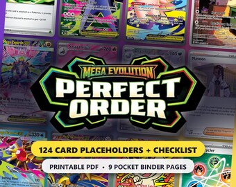 Segnaposto per raccoglitore Perfect Order, lista di controllo del set principale del GCC Pokémon da 124 carte, inserti per raccoglitore a 9 tasche stampabili in PDF, Mega Evoluzione