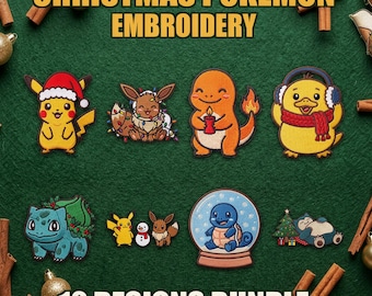 Pacchetto di ricami natalizi Pokémon, 12 file di ricamo a macchina per le feste di Pikachu, Snorlax ed Eevee, design natalizio Kawaii PES DST JEF