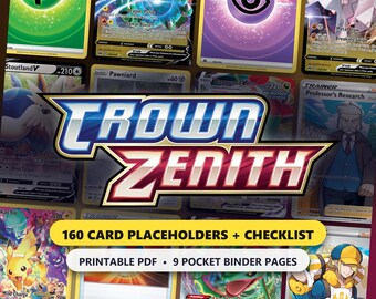 Crown Zenith Binder Placeholders, 160 Card Pokemon TCG Master Set Checklist, Printable 9 Pocket Binder Inserts PDF, Sword & Shield