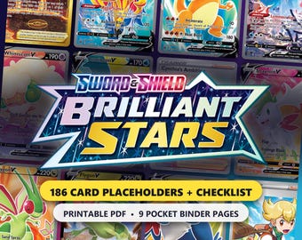 Brilliant Stars Binder Placeholders, 186 Card Pokemon TCG Master Set Checklist, Printable 9 Pocket Binder Inserts PDF, Sword & Shield