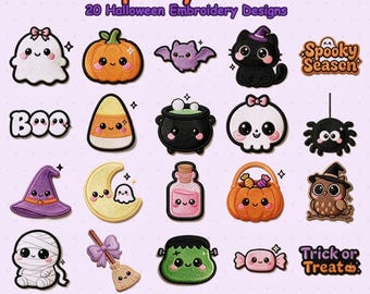 Pacchetto di disegni per ricamo spettrali e carini, 20 file di ricamo a macchina Kawaii di Halloween Fantasma Zucca Pipistrello Gatto, Felpa autunnale PES DST JEF