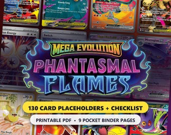 Segnaposto per raccoglitore Fiamme Fantasmatiche, lista di controllo del set principale del GCC Pokémon da 130 carte, inserti per raccoglitore a 9 tasche stampabili in PDF, Megaevoluzione