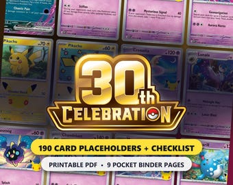 Segnaposto per raccoglitore per il 30° anniversario, lista di controllo del set principale del GCC Pokémon + collezione classica, 190 inserti stampabili a 9 tasche, 30° anniversario