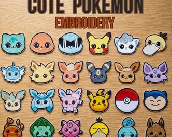 Pacchetto di disegni per ricamo Kawaii Pokemon, 24 simpatiche toppe con volti di anime, file per ricamo a macchina di Eevee e Pikachu in formato PES, DST e JEF, 5 misure