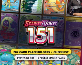 Segnaposto per raccoglitore Pokemon 151, lista di controllo del set principale Pokemon TCG da 207 carte, inserti per raccoglitore a 9 tasche stampabili in PDF, rosso scarlatto e viola