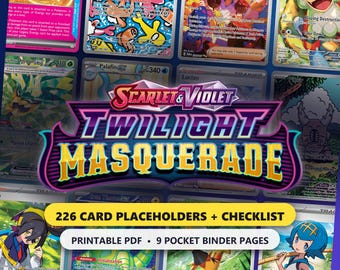 Twilight Masquerade Binder Placeholders, 226 Card Pokemon TCG Master Set Checklist, Printable 9 Pocket Binder Inserts PDF, Scarlet & Violet