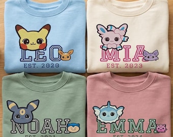 Kit di ricamo dell'alfabeto Kawaii Pokemon, lettere stile college + 24 faccine carine di Eevee e Pikachu, ricamo a macchina del nome della felpa per bambini PES DST