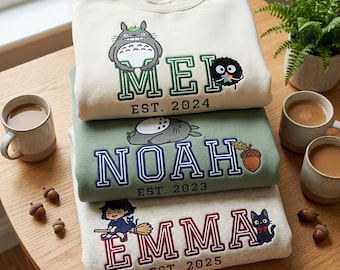 Kit di ricamo con alfabeto ispirato allo Studio Ghibli, lettere in stile universitario + 20 personaggi di Totoro (spirito della fuliggine), ricamo a macchina con nome per bambini PES DST JEF