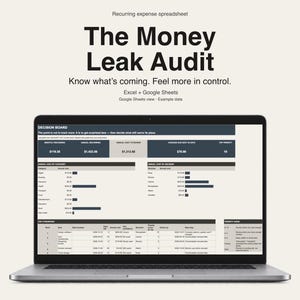 May include: A laptop screen displaying The Money Leak Audit recurring expense spreadsheet for Excel and Google Sheets. The interface features a decision board, annual cost categories, and a priority guide with dark blue and beige accents.