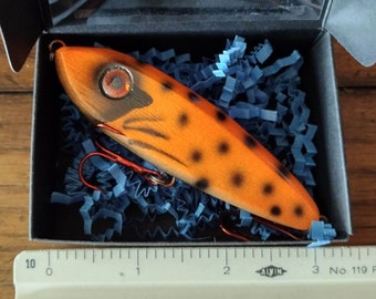 Wooden Fishing Lure Hand Carved Orange Black Sinking Glider