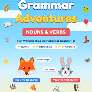 Może przedstawiać: Jasnoniebieska okładka zeszytu ćwiczeń zatytułowana Grammar Adventures: Nouns & Verbs, przedstawiająca lisa o imieniu Nico i królika o imieniu Vera. Okładka zawiera ikony jabłka, rakiety, psa, tęczy, książki, żaby, balonu, tancerza, gwiazdy, motyla, zamku, pizzy i roweru.