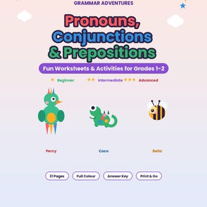 Puede incluir: Un conjunto de hojas de trabajo educativas digitales titulado Grammar Adventures: Pronouns, Conjunctions & Prepositions para los grados 1-2. Incluye ilustraciones coloridas de personajes llamados Percy el pájaro, Coco el lagarto y Bella la abeja.