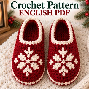 Patrón de zapatillas de ganchillo con forma de copo de nieve rojo, zapatillas de casa navideñas (PDF)