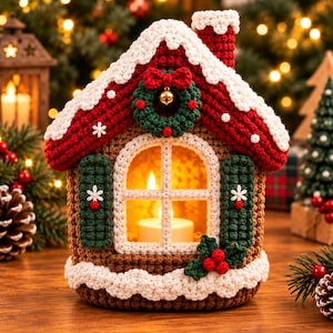 May include: A crocheted gingerbread house decoration featuring a red roof with white trim, a green wreath with a gold bell, dark green shutters, and a central arched window. The structure is accented with white snowflake details and holly.