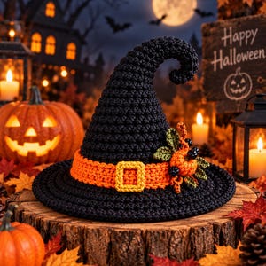May include: A black crocheted witch hat featuring a bright orange band with a square buckle and a decorative cluster of small orange pumpkins, green leaves, and black berries attached to the side of the crown.