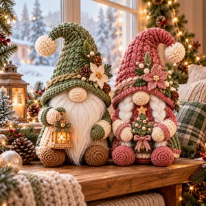May include: Two crocheted gnome figurines with tall pointed hats. The left gnome is green with a white beard and holds a small lantern. The right gnome is pink with white braided hair and holds a miniature decorated Christmas tree.