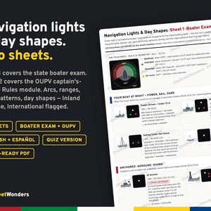 May include: Two educational reference sheets titled Navigation lights & day shapes. The sheets feature diagrams and text explaining boating rules, including masthead, sidelight, and sternlight configurations for power, sail, and anchored vessels.