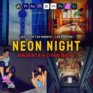 Può includere: Una pubblicità di prodotto digitale con un collage di quattro immagini e icone software in alto. Il testo recita 222+ LUTS + 24 PRESETS, LOG & REC709, NEON NIGHT e MAGENTA & CYAN NIGHT. Le immagini mostrano un grattacielo, un interno, uno skater e un soffitto.