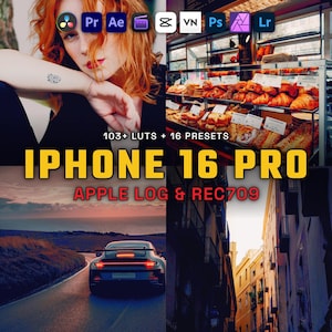 May include: A digital product advertisement featuring the text IPHONE 16 PRO, APPLE LOG & REC709, and 103+ LUTS + 16 PRESETS. The image displays four quadrants showing a person, a bakery display case, a sports car on a road, and a narrow city street.