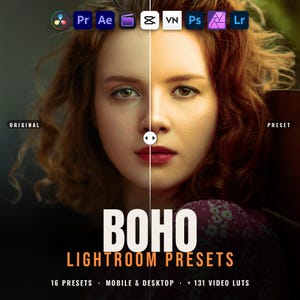 May include: A split-screen comparison of a portrait showing an original image on the left and a color-graded version on the right. Text reads BOHO LIGHTROOM PRESETS, 16 PRESETS, MOBILE & DESKTOP, + 131 VIDEO LUTS, with software icons above.