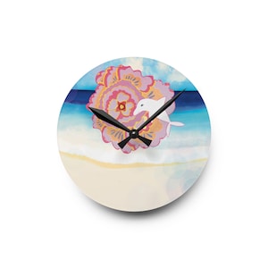 Pink Floral Dolphin Beach Acrylic Wall Clock | Coastal Ocean Decor