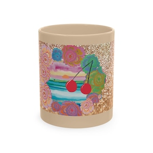 Cherry Floral Collage Mug | Colorful Boho Cherry Art, Glitter Pattern Handpainted