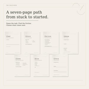 May include: A seven-page printable planner set titled The Calm Desk, featuring a path from stuck to started. Each page includes prompts like Start, Notice, Friction, Shrink, Easier, Begin, and Notice, with checkboxes and lines for writing tasks.