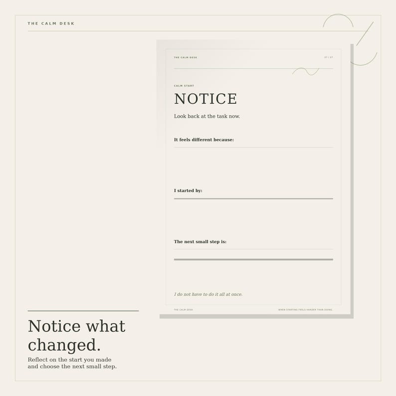 May include: A cream-colored paper planner page titled NOTICE with the text Look back at the task now, It feels different because, I started by, and The next small step is. The bottom includes the text I do not have to do it all at once.